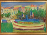une peinture à l'huile représentant un bateau dans un port, avec des bâtiments en arrière-plan