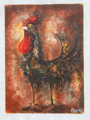tableau représentant un coq à la tête et à la queue rouges, perché sur un rocher