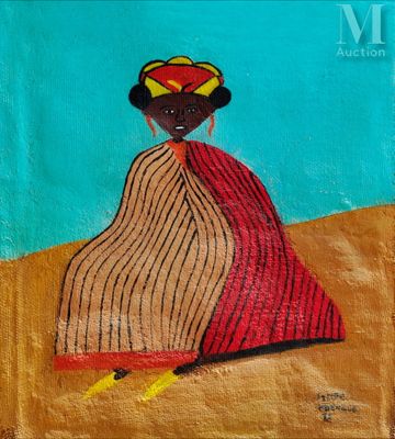 an oil painting of a woman in a red dress and a yellow hat