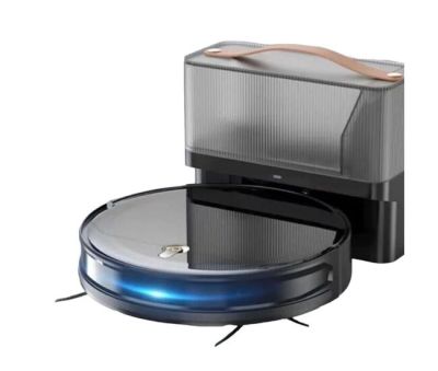 a close up of a robotic vacuum cleaner on a white background