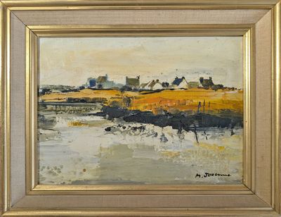 an oil painting of a landscape with a river and houses in the distance