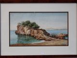 painting of a rocky beach with a small island in the middle
