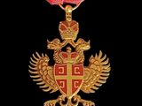 a gold medal with a red and yellow ribbon on it