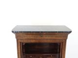 a wooden cabinet with a marble top on a white background