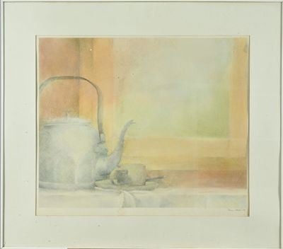 a picture of a painting of a teapot and lemons