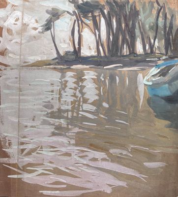 une peinture représentant un bateau sur un plan d'eau