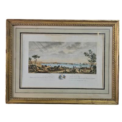 a painting of a view of a lake with a boat in the water