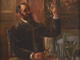 tableau représentant un homme assis à une table, un verre de vin à la main