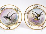 deux assiettes sur lesquelles sont peints des oiseaux sur un fond blanc