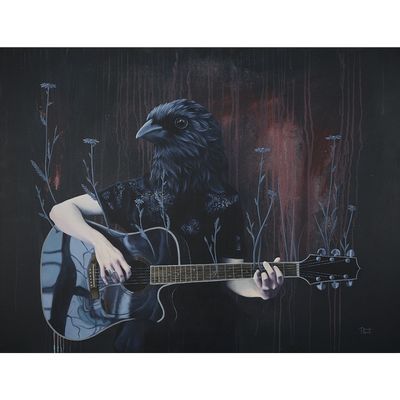 tableau représentant un homme jouant de la guitare avec un corbeau en arrière-plan