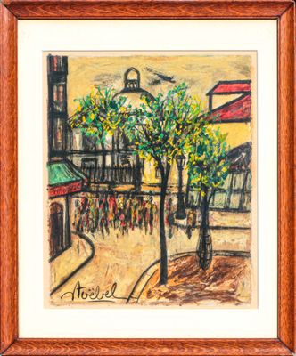 an oil painting of a street scene with trees and buildings