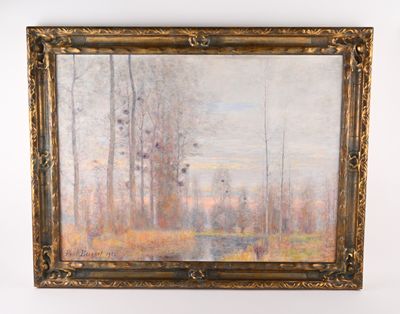 an oil painting of a landscape with trees in a gold frame