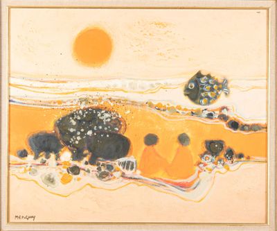 an image of a painting of people on a beach with a sun in the background