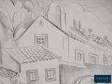 pencil drawing of a house in the countryside with a fence and a gate