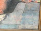 a painting of a dog laying down on the floor