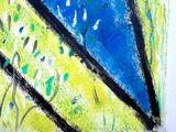 painting of a blue and yellow kite on a white background