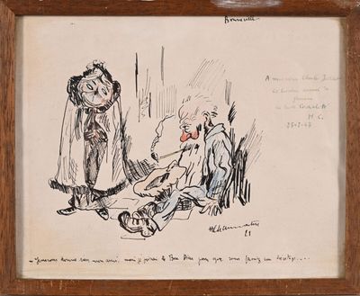 un vieux dessin représentant un homme assis par terre à côté d'une femme