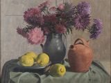 a painting of a vase of flowers and lemons on a table