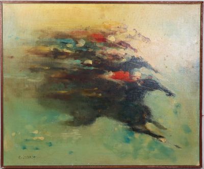 an oil painting of a painting of a dog running in the water