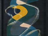 une peinture représentant un tourbillon bleu, jaune et vert sur fond noir