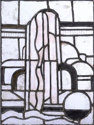 VITRAIL « Fontaine ». Rare vitrail en verre « Barillet » ver…