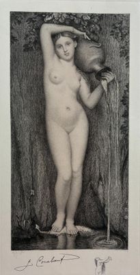 drawing of a nude woman with a hat on her head standing in front of a tree