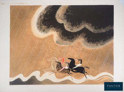une photo d'un tableau représentant un homme à cheval sous la pluie