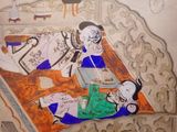 a painting of a man and a woman sitting on a bed