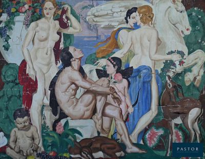 une peinture représentant un groupe de nus accrochée au mur