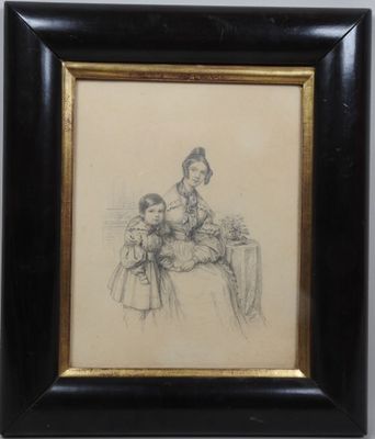 an image of a drawing of a woman sitting at a table with two children