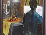 painting of a man sitting in front of a table with a painting on it