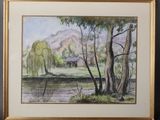 framed watercolor painting of a willow tree and a house by a lake
