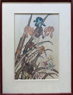 framed picture of a painting of flowers in a vase on a table