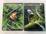 two comics covers of a man and a woman on a green background