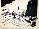 drawing of a man in a canoe on the water near a rock