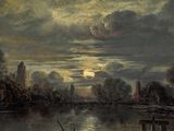 painting of a river scene with a full moon in the sky