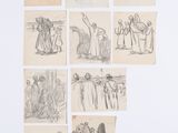 plusieurs dessins représentant des personnes alignées dans une pièce