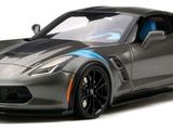 the toy car is gray and has a blue stripe on it