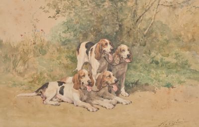 painting of a group of dogs resting on the ground in a wooded area