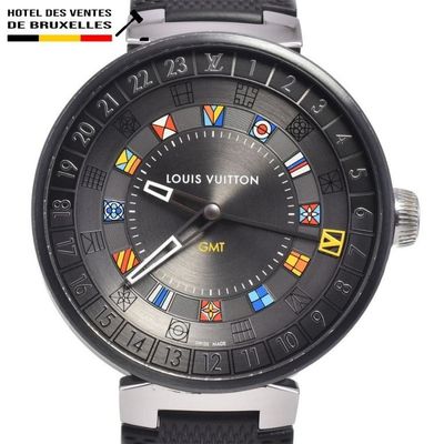 louis vuitton men ' s watch with black dial and multi - colored flags