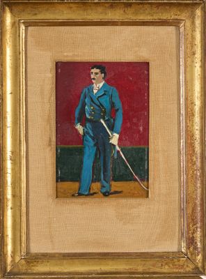 tableau représentant un homme en costume bleu tenant une canne