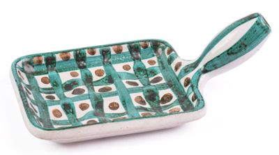 green and white square serving dish with handles