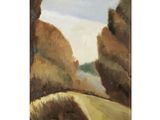 an image of a painting of a road with trees in the background