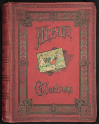un vieux livre rouge sur lequel figure l'image d'une femme