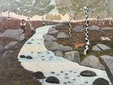 a painting of a stream running through a forest