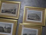 three framed pictures of a building and a clock on a wall