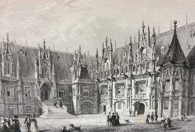 un vieux dessin représentant un grand bâtiment autour duquel déambulent de nombreuses personnes