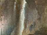 a painting of a cabin in front of a waterfall