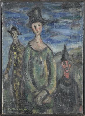 painting of a woman in a green dress and a man in a black hat