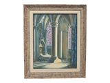 an oil painting of a painting of a church with a cat sitting in front of it